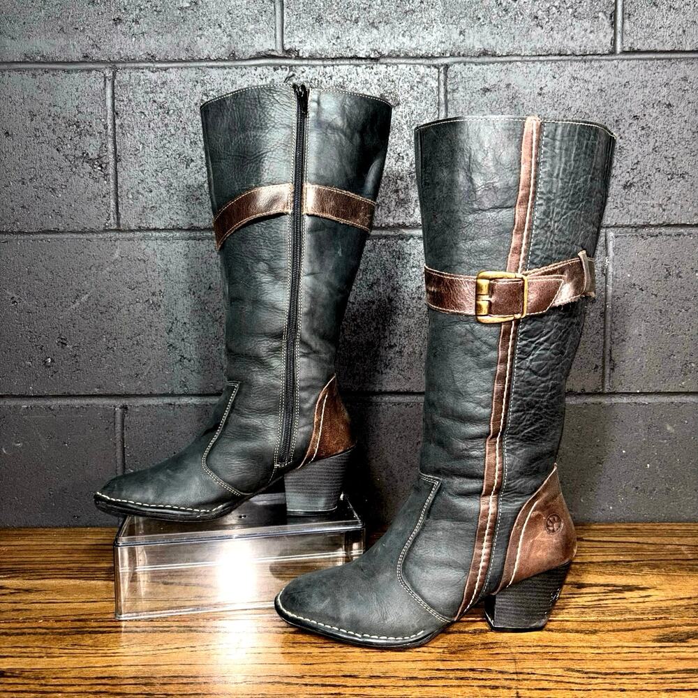 Lobo Solo Knee High Riding Boots Black Leather Buckle Zip Women’s 9.5 Wide Calf